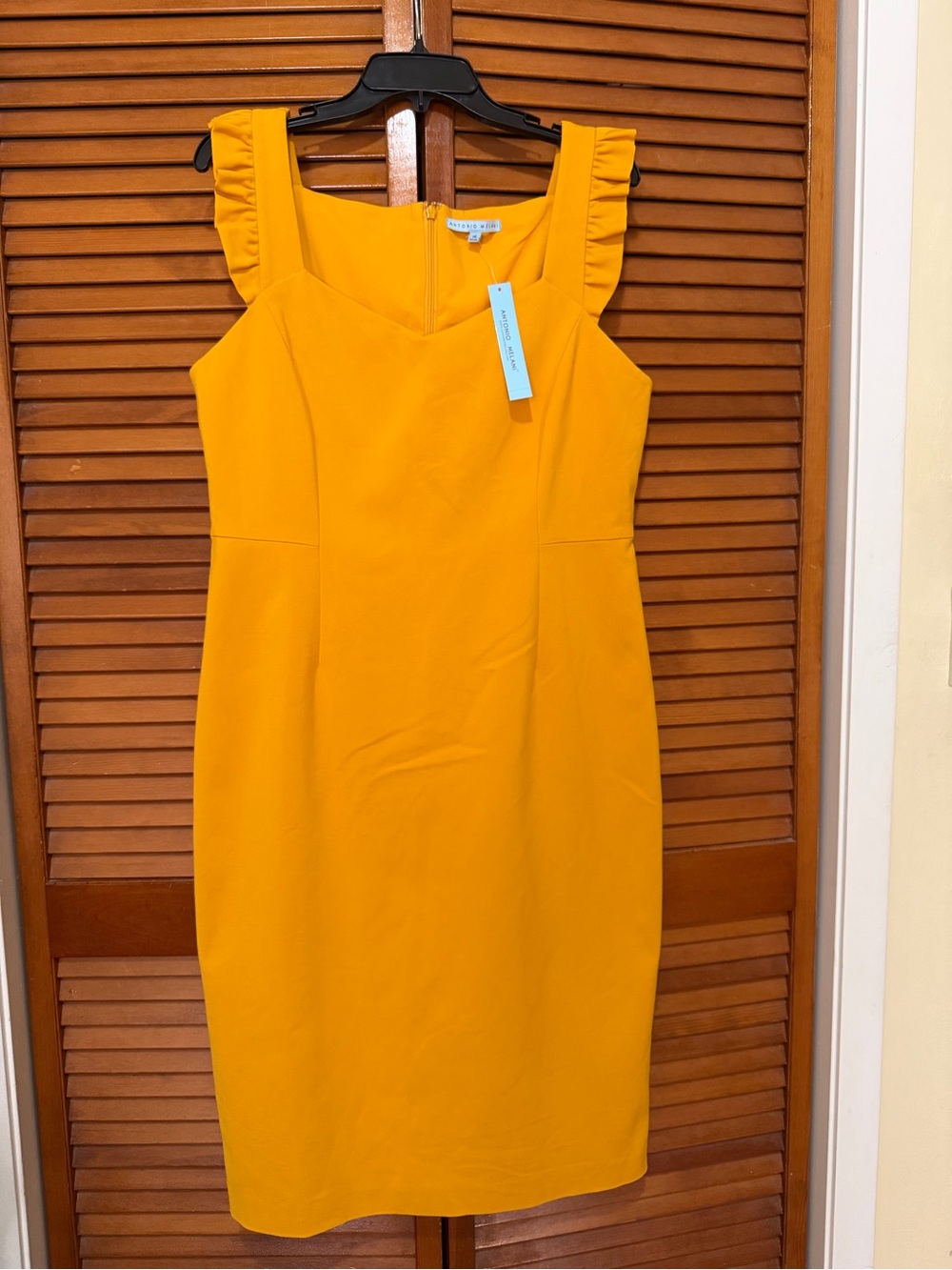 ANTONIO MELANI NWT Size 14 Mustard Ruffle-Shoulder Sheath Midi Dress